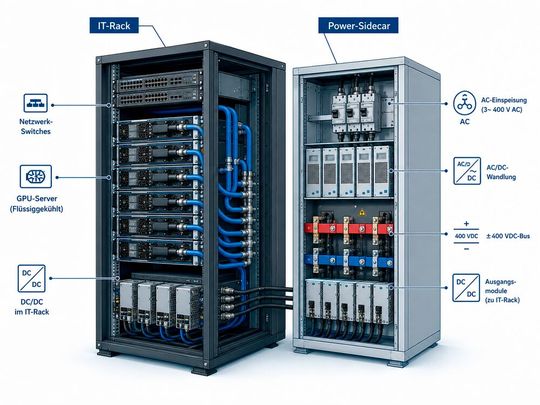 Disaggregierte Stromversorgung im KI Rack: Links das IT Rack mit flüssiggekühlten GPU Servern und lastnahen DC/DC Stufen, rechts das Power Sidecar mit AC Einspeisung, AC/DC Wandlung und ±400 VDC Bus für die racknahe Verteilung.(Bild:  Kobylinska/ Martins)
