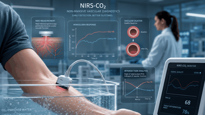 NIRS-CO₂ misst die Gefäßreaktion auf CO₂-angereichertes Wasser und könnte Gefäßveränderungen früher anzeigen als etablierte Funktionstests.(Bild:  G. Deußing / KI-genriert)