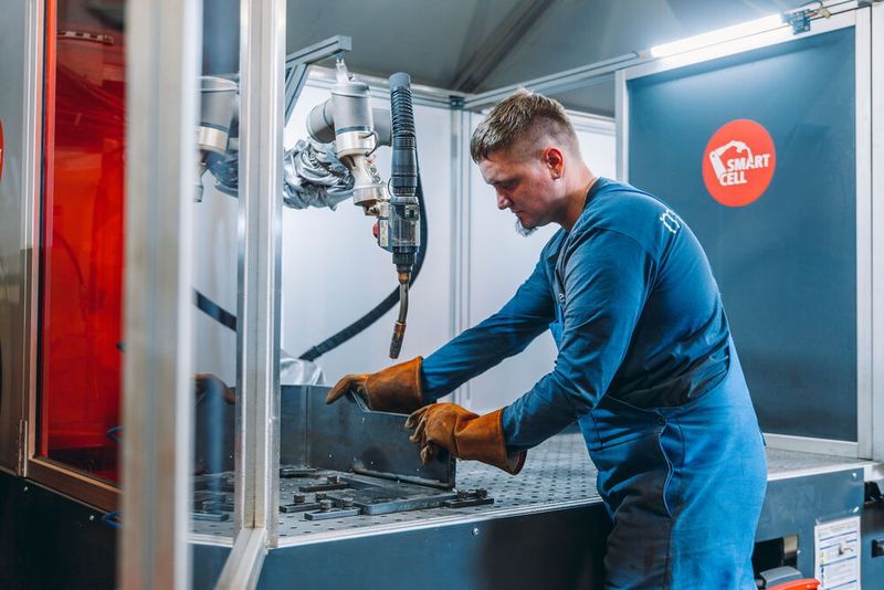 Ein Schweißfachmann von Umetec legt ein Stahlbauteil in die Fronius-Smartcell ein und fixiert es. Durch die doppelte Ausführung kann dann in der einen Zelle geschweißt werden, während der Bediener die andere schon mit dem nächsten Bauteil belädt.  (Bild: Chr. Groß pivopix / Fronius)