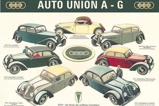 Das Showroom-Poster von 1935 zeigt DKW-Limousinen und -Cabrios. (Archiv: Vogel Business Media)