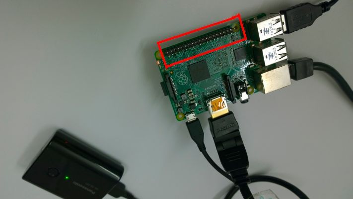 Conrad Adventskalender Raspberry Pi: Anschlüsse von links: Micro USB für Stromquelle, HDMI 1.4 für Monitor/TV, Ethernet-Buchse, 4 x USB 2.0. Die Stiftleiste mit den GPIO-Pins ist rot umrahmt. (Bild: Margit Kuther)