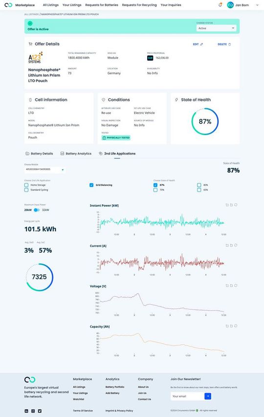Auf der Circunomics-Website können Nutzer zahlreiche Informationen zu den angebotenen Akkus einsehen.(Bild:  Circunomics)