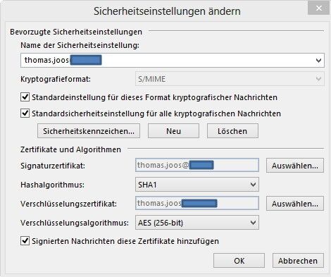 Um E-Mails verschlüsseln zu können, muss das Zertifikat für die Verschlüsselung in Outlook eingebunden werden. Das erfolgt über die Registerkarte „Datei“ und der Auswahl von „Optionen\Trust Center\Einstellungen für das Trust Center\E-Mail-Sicherheit“. (Bild: Thomas Joos)