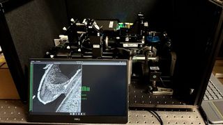 Lichtblattmikroskop mit neu entwickelter Plattform beim Scan einer Hörschnecke (Bild: Mostafa Aakhte)