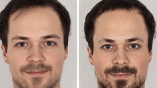 Mit neuronalen Netzen lassen sich manipulierte Bilder erkennen. Die Illustration zeigt einen Face-Morphing-Angriff. Von links nach rechts: Originalbilder, Mitte: Morphing-Angriff. (Bild: Fraunhofer HHI)