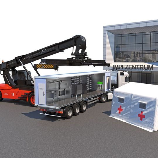 Mit Containerlösungen wie dieser kann auch in abgelrgenen Gegenden eine Impfinfrastruktur aufgebaut werden.(Bild:  Technotrans)