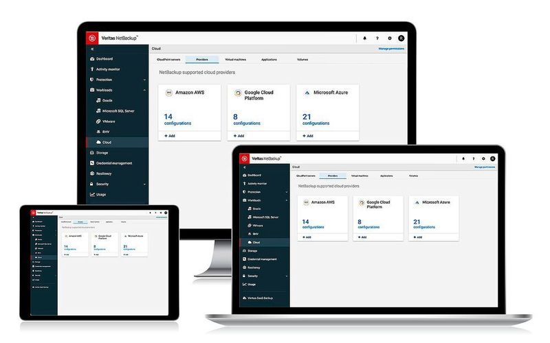 NetBackup 9 unterstützt die Datensicherung in den Public Clouds von Amazon, Microsoft und Google. Die Verwaltungskonsole lässt sich im Browser bedienen. (Veritas)