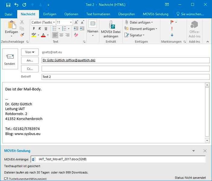 Eine mit Hilfe des Outlook-Plugins gesicherte Mail (IAIT)