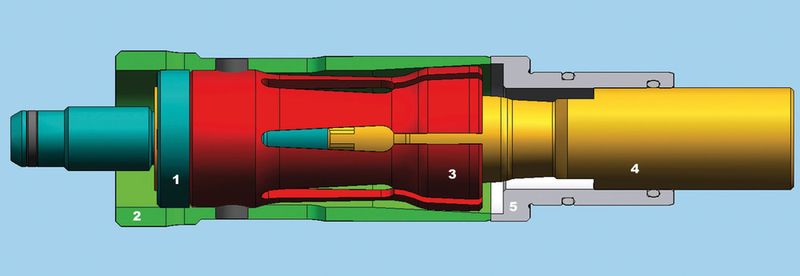 Der Aufbau von „Super-Lock“: 1: Zugstange; 2: Spannhülse; 3: Spannzange; 4: Zugbolzen; 5: Führungshülse. (Archiv: Vogel Business Media)