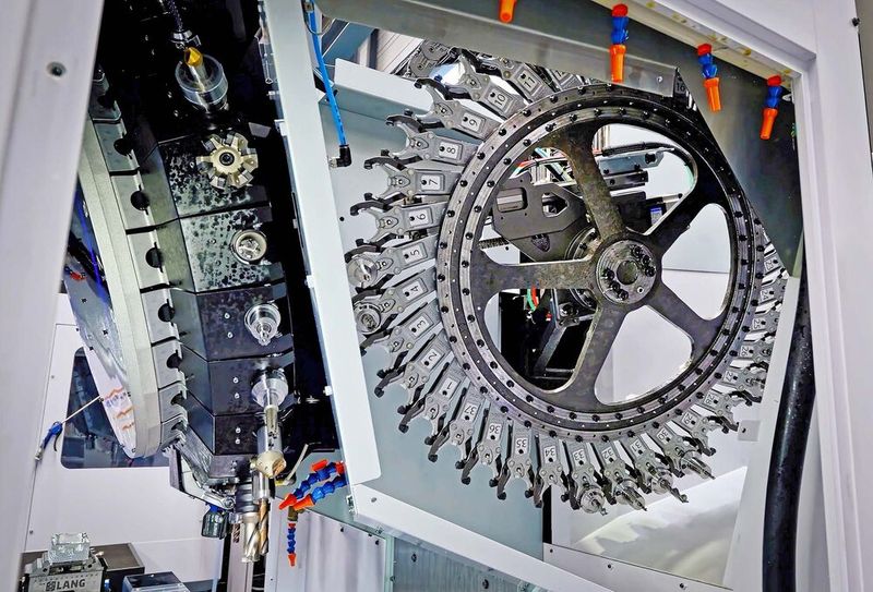 One of the two 36-tool stockers (right) positioned either side of the 28-pocket, turret-type tool magazine of the Brother Speedio U500Xd2-100T, raising the total number of cutters available to 100. (Source: Whitehouse Machine Tools )