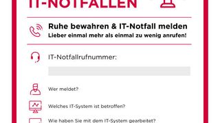 Die neue IT-Notfallkarte des BSI „Verhalten bei IT-Notfällen“ soll als neues Hinweisschild Mitarbeitern dabei helfen, im Fall der Fälle richtig zu reagieren. (Bild: BSI)