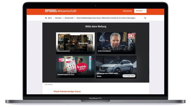 Beim sogenannten Choice-Driven Advertising (CDA) entscheiden Nutzer aus einer Auswahl an Werbespots von unterschiedlichen Werbetreibenden selbst, welches Video sie sehen möchten. (Bild:  Schösslers)