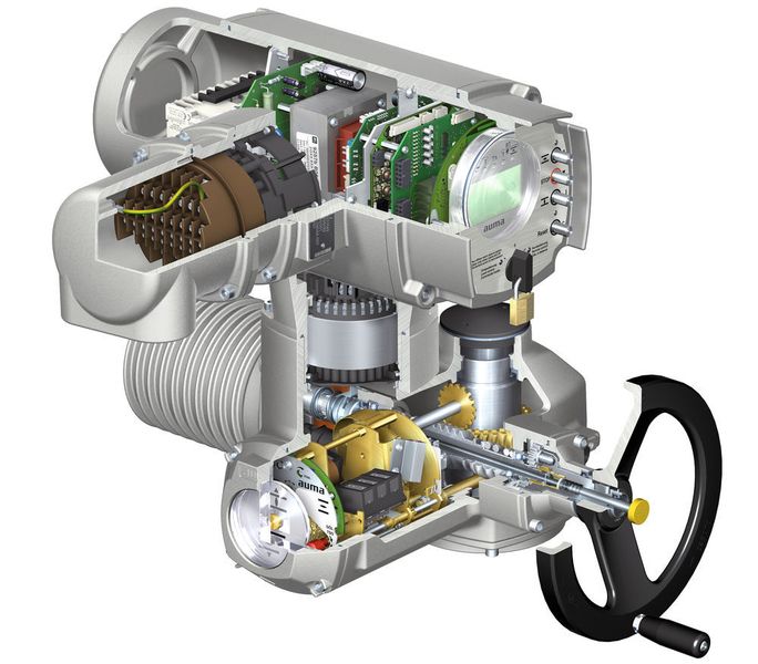 Steuerung, Motor, Getriebeblock, Elektroanschluss – alle Module sind steckbar, sowohl elektrisch als auch mechanisch. Die Verbindungen sind über Schrauben gesichert. (Auma)