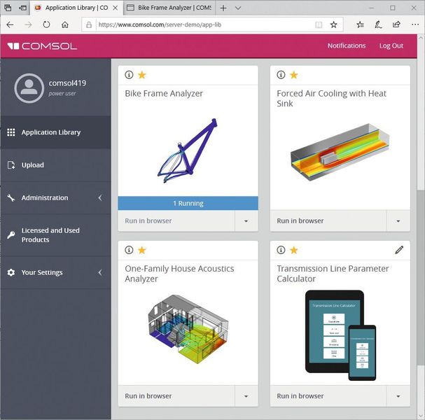 Die Application Bike Frame Analyzer innerhalb einer Comsol-Server-Bibliothek, von wo aus sie weltweit über den Webbrowser ausführbar ist. Diese Option ermöglicht es den Applications-Benutzern, Berechnungen von jedem Gerät aus zu erstellen und zu starten. Die Berechnung selbst erfolgt auf dem Rechner mit Comsol-Server. (Comsol)