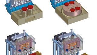 Bild 1: Ausrüstungsvarianten der zweispindligen Bearbeitungsmodule HPC Flex-V. a zwei Rundtische (B-Achsen), b zwei Rundtische mit Palettenwechsler, c Schwenkbalken als horizontale Achse (A-Achse), d Schwenkbalken mit zwei Rundtischen (B-Achsen) (Archiv: Vogel Business Media)