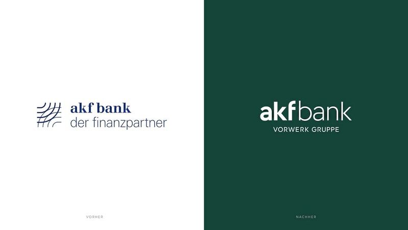 Die Akf-Bank gibt sich einen neuen Markenauftritt – mit Verweis auf die Konzernzugehörigkeit zu Vorwerk. Im Bild: der bisherige Auftritt (links) und der neue.(Bild:  Vorwerk/akf Bank)
