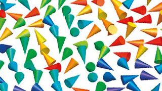 Die Kegel symbolisieren die Magnetisierung der Nanopartikel auf dem Bariumtitanat-Gitter. Ohne elektrisches Feld ist ihre Magnetisierung ungeordnet. (© HZB)