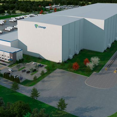 Rendering der neuen Lineage-Anlage im texanischen Hutchins, zu der TGW Logistics die notwendige Intralogistik-Technik installiert. (Bild: TGW Logistics)