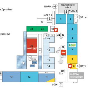 Der Geländeplan der CeBIT 2012. Kurzfristig mussten die Aussteller von Halle 9 in die Halle 26 umziehen.