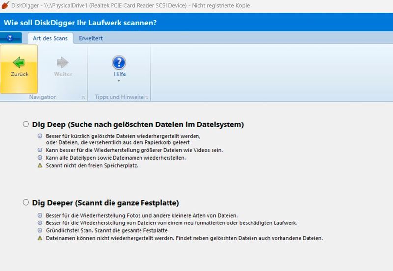 Auswählen der Scantiefe von DiskDigger für die Wiederherstellung von Dateien. (Bild: Joos (Screenshot))