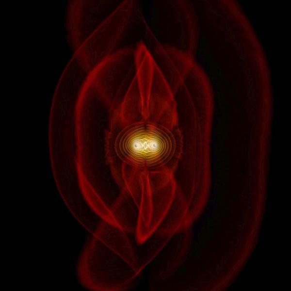 Die Gravitationswellen zweier schwarzer Löcher, die sich überlagern und als schwaches 