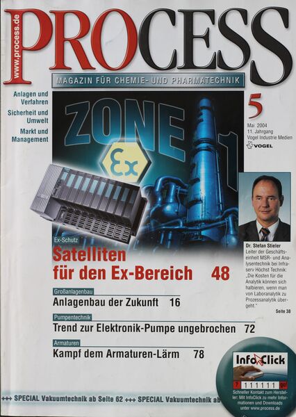 Mai 2004   Top Themen:  - Satelliten für den Ex-Bereich - Anlagenbau der Zukunft - Trend zur Elektronik-Pumpe ungebrochen - Kampf dem Armaturen-Lärm (Bild: PROCESS)