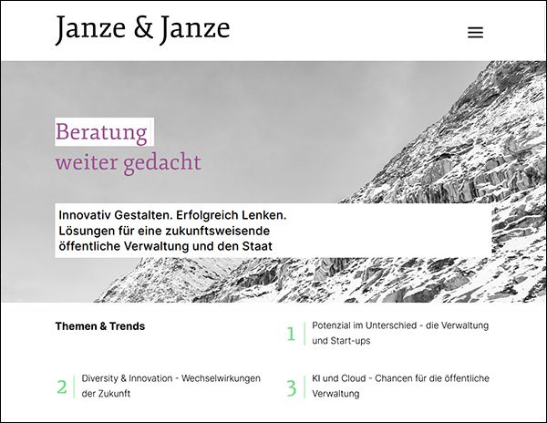 Wir sind davon überzeugt, dass der öffentliche Sektor eine entscheidende Rolle bei der Gestaltung einer zukunftsorientierten Gesellschaft spielt. Unsere Leidenschaft und unser Fachwissen treiben uns an, den Wandel und die Weiterentwicklung der öffentlichen Verwaltung aktiv voranzutreiben – mit maßgeschneiderten Lösungen, die den aktuellen Herausforderungen des öffentlichen Sektors gewachsen sind. (Bild: )