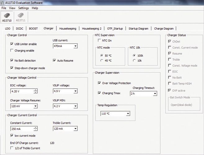 Bild 8: Grafische Benutzerschnittstelle zur Konfiguration des PMICs AS 3711. (Bild: ams)