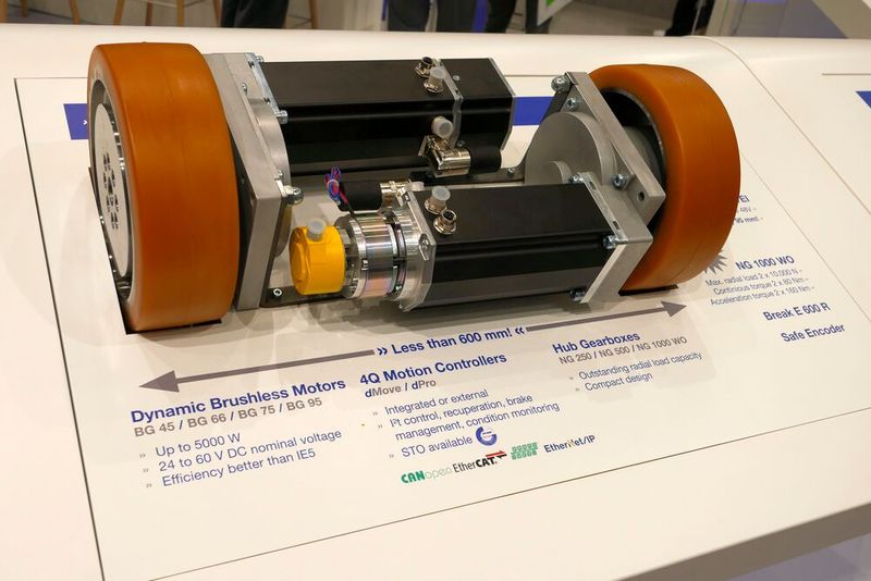 Dunkermotoren stellte auf der SPS unter anderem das Nabengetriebe NG 1000 WO vor. Es ermöglicht einen platzsparenden EInbau durch Achsversatz des Getriebes zum Motor. Es ist für fahrerlose Transportsysteme entworfen worden.  (Bild: Sandro Kipar/VCG)