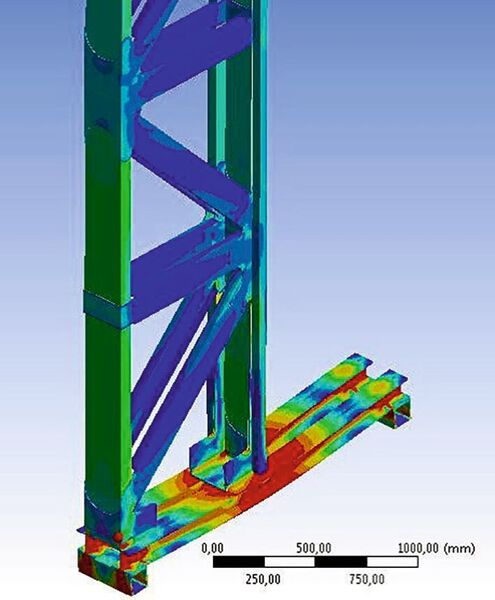Finite-Elemente-Simulation (5-fache Überhöhung der Biegung) eines vollständig aus Stahl bestehenden Fachwerks  (Gebhardt Fördertechnik)