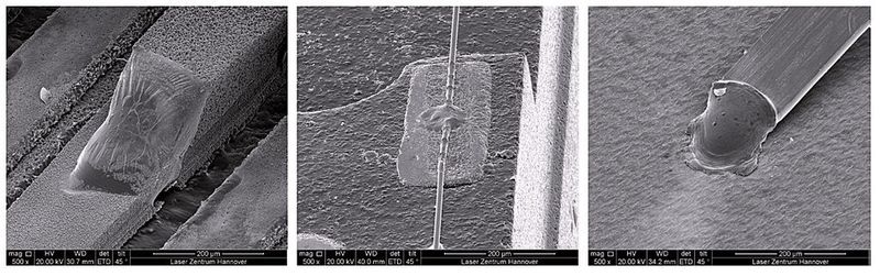 Abbildung 5: REM-Aufnahmen mit Vorpuls-geschweissten Applikationen aus dem Bereich Mikroelektronik. V.l.n.r.: TSOP-05-IC-Anschlussbein auf Leiterplatte, Platindraht mit Durchmesser 10 µm auf LTCC, Kupferband 25 x 150 µm auf Leiterplatte. (Bilder: LZH) (Archiv: Vogel Business Media)