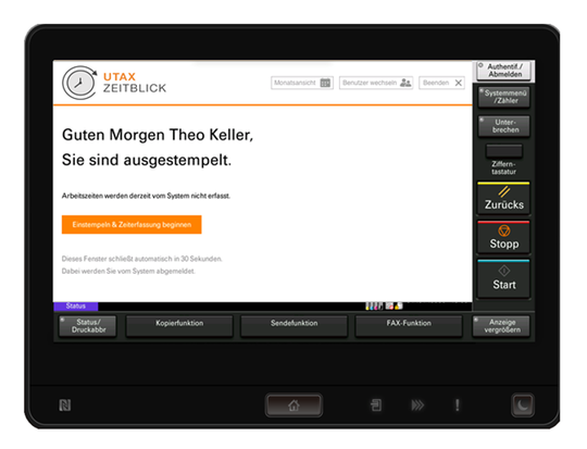 Mit UTAX Zeitblick ist Arbeitszeiterfassung durch „Stempeln am MFP“ möglich.(Bild:  UTAX)
