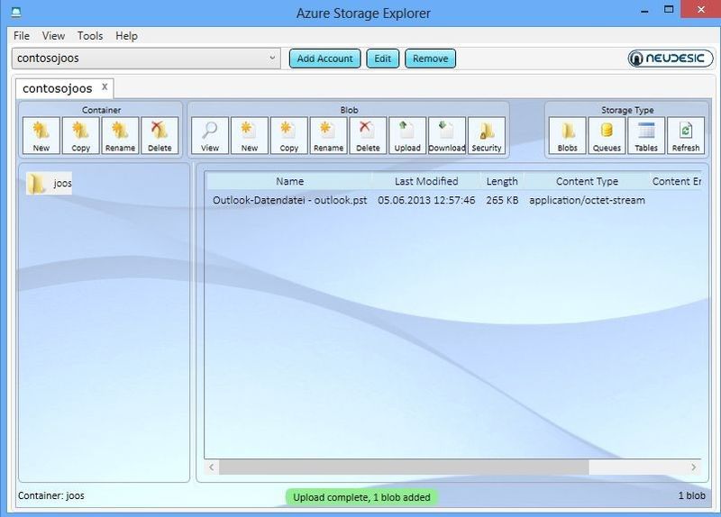 Viele Unternehmen nutzen den Datenspeicher in Windows Azure zum Ablegen von Daten. In Windows Azure Storage liegen auch Daten von virtuellen Servern die Administratoren in Windows Azure erstellen. Das Tool Azure Storage Explorer von der Seite http://azurestorageexplorer.codeplex.com hilft beim Zugriff auf die Cloud. (Bild: Microsoft)