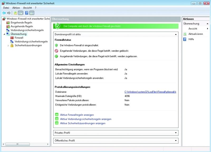 Bild 1: Die Konsole zur Verwaltung der erweiterten Firewall-Sicherheit mit geöffnetem Überwachungsbereich. (Archiv: Vogel Business Media)