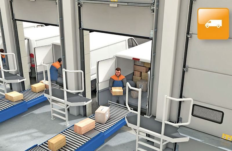 Für die Verladung von tiefer liegenden Transportern auf Hallenboden-Niveau wird das Industrietor „Parcel Walk“ komplett inklusive der untersten Lamelle geöffnet. (Bild: Hörmann)