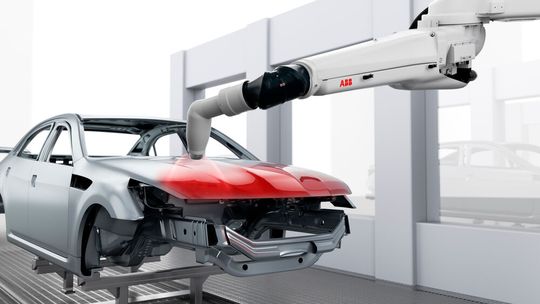 So kann  man sich den Job des neuen ABB-Lackzerstäubers RB 1000i-S vorstellen. Sein Auftragswirkungsgrad ist um rund 10 Prozent besser als bei vorherigen Systemen und er verringert Lackverluste um mindestens 30 Prozent, wie ABB betont.(Bild:  ABB)