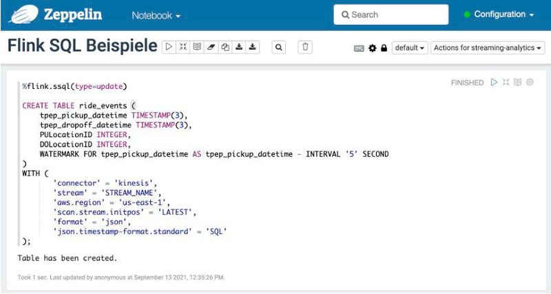 Erstellen einer Tabelle mit SQL-Befehlen. Die Zeile WATERMARK definiert die Logik für verspätete Elemente. 