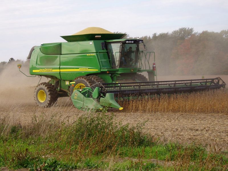 Mit Mähdreschern ernte die Bauern die Bohnen und verladen sie dann auf Lkw. (Bild: gemeinfrei)