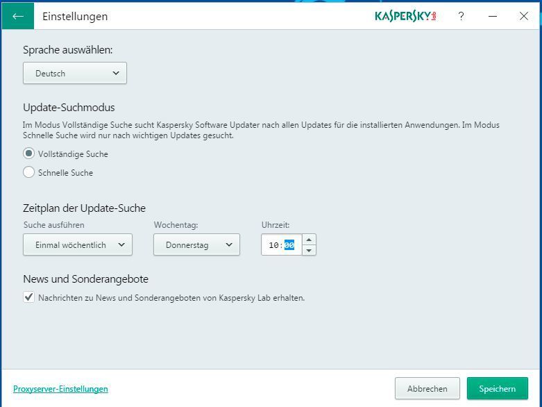 Die Optionsseite des Kaspersky Software Updater mit den möglichen Basiseinstellungen. (Th. Dombach)