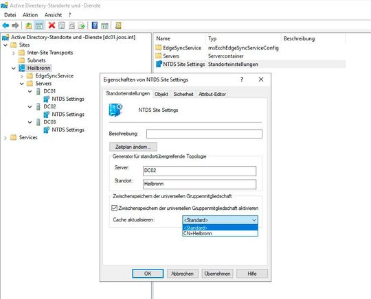 Screenshot zum Aktivieren der Zwischenspeicher von universellen Gruppenmitgliedschaften(Bild:  Microsoft / Joos)