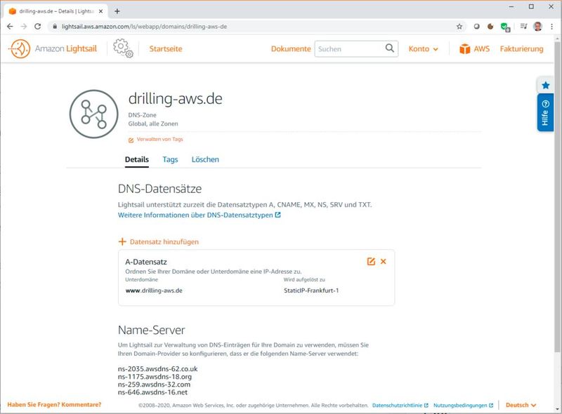 Verknüpfung des A-Datensatzes mit unserer statischen IP.
