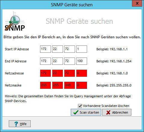 Abbildung 4: Das Feature Client Command zum Suchen von SNMP-Geräten im Netz macht die zuständigen Mitarbeiter mit roten Markierungen auf Fehleingaben aufmerksam. (Bild: IAIT)
