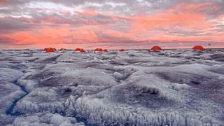 Das Forschungscamp auf Grönland. Im Vorderdrund: das dunkle Eis (Bild: Jenine McCutcheon)