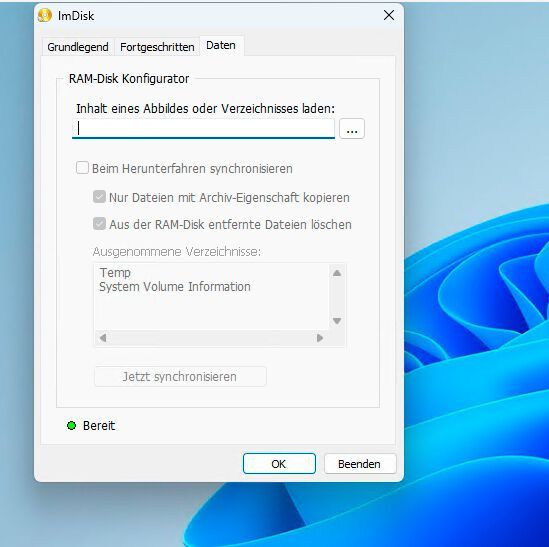 Importieren gespeicherter Daten in der RAM-Disk von Windows. (Bild: Joos (Screenshot))