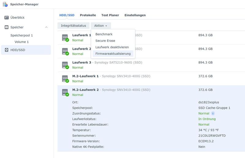 Aktualisieren der Firmware von SSD auf einem Synology-NAS. (Bild: Joos - Synology)