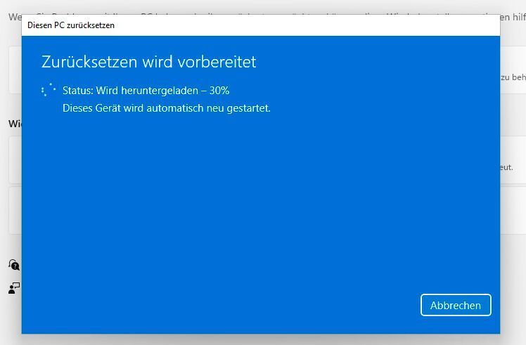 Windows 11 bereitet sich für die Zurücksetzung vor. (Microsoft / Joos)