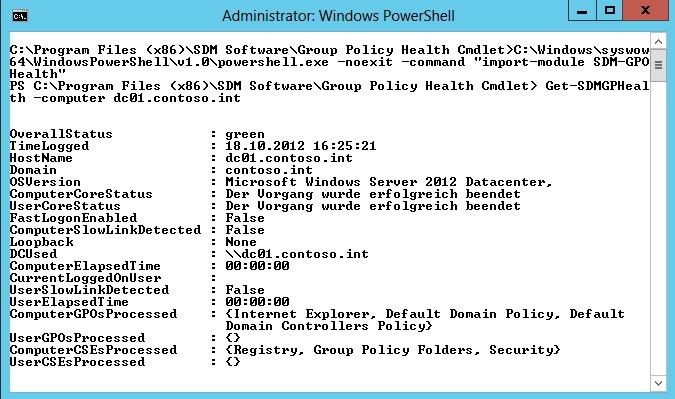 Abbildung 10: Mit dem Group Policy Health CMDlet rufen Administratoren in der PowerShell hinterlegte Gruppenrichtlinien ab. So lässt sich die Absicherung von Exchange über Gruppenrichtlinien überprüfen. (Bild: Joos)