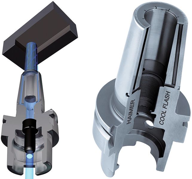 Bild 6: Systemskizze des Haimer-Cool-Flash-Futters im Schnitt: Der verwendete KSS wird durch Schlitze ringförmig an die Werkzeugschneide geleitet. (Haimer)