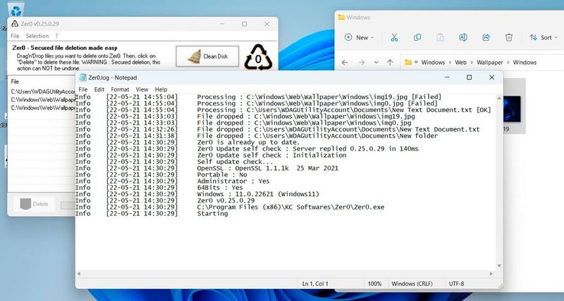 Über die Protokolldatei von Zer0 können die aktuellen Vorgänge auch nachverfolgt werden. Die Protokolldatei lässt sich jederzeit wieder löschen. (Bild: Joos (Screenshot))