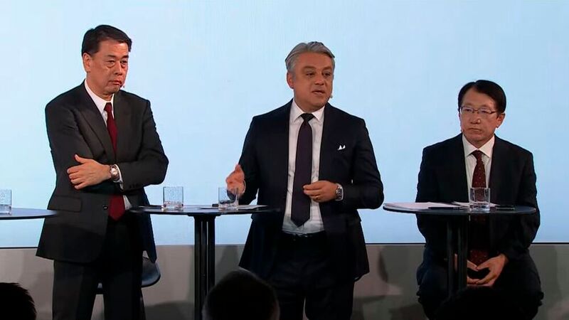 Die CEOs der Allianzpartner traten am Montag gemeinsam vor die Presse: (v. l.) Makoto Uchida (Nissan), Luca de Meo (Renault) und Takao Kato (Mitsubishi).